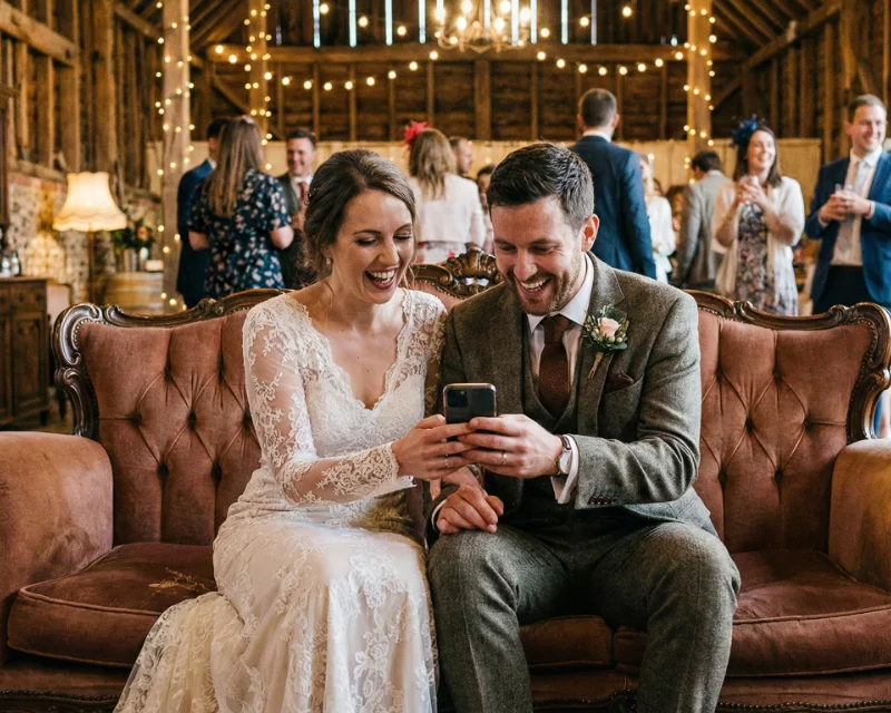 Couple reviewing their collected wedding photos in one private album